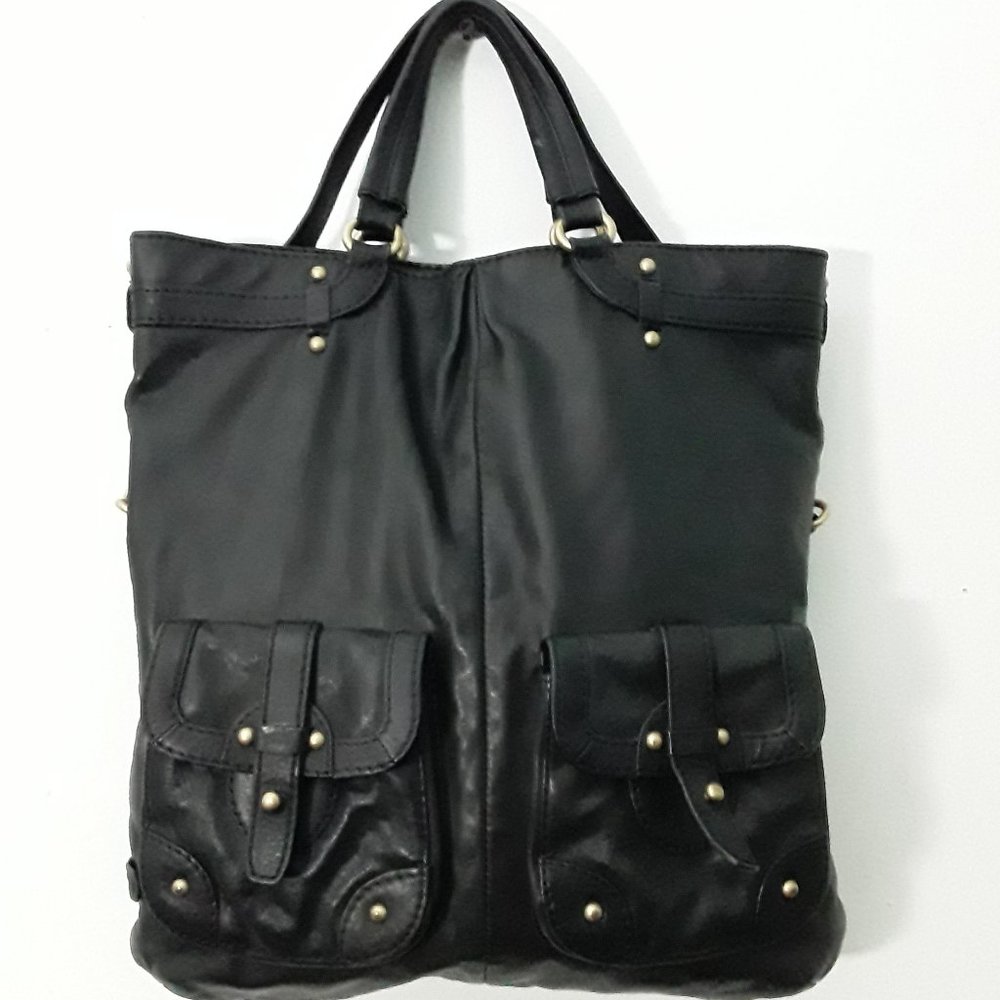 UGG Black Genuine Leather Fold Over Brass Studded Shoulder/Double Strap …